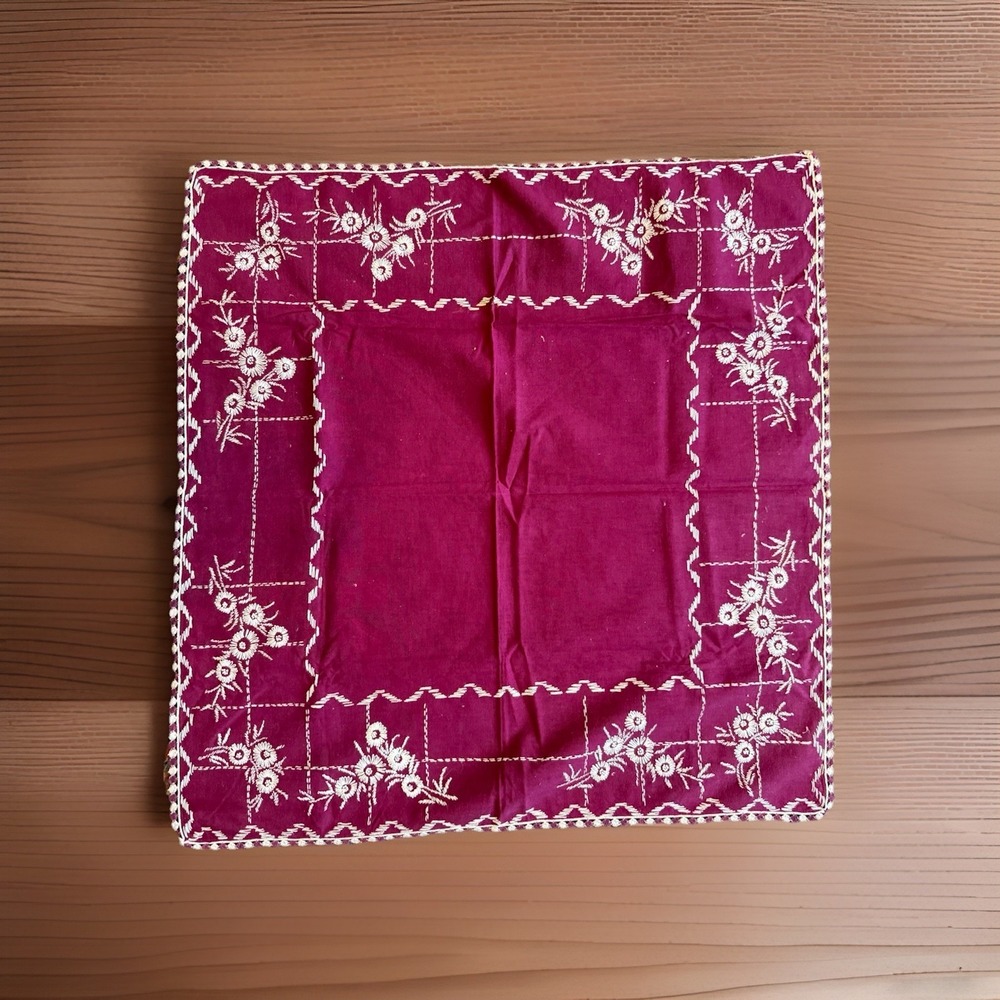 Handmade Burgundy Tablecloth RickRack Trim & Floral Embroidery 31 1/2 X 30"